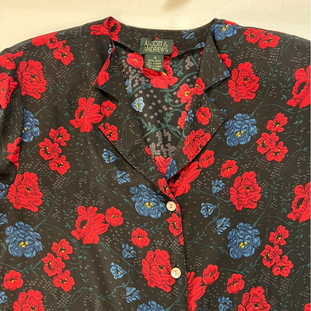 Vintage Alcott & Andrews 100% Silk Black Floral Roses Button Down Blouse Sz 4 - Picture 11 of 12